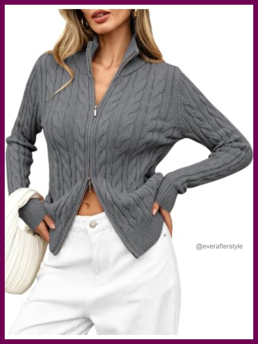 Cable Knit Two Way Zip Up Cardigan Sweater Mock Neck Long Sleeve